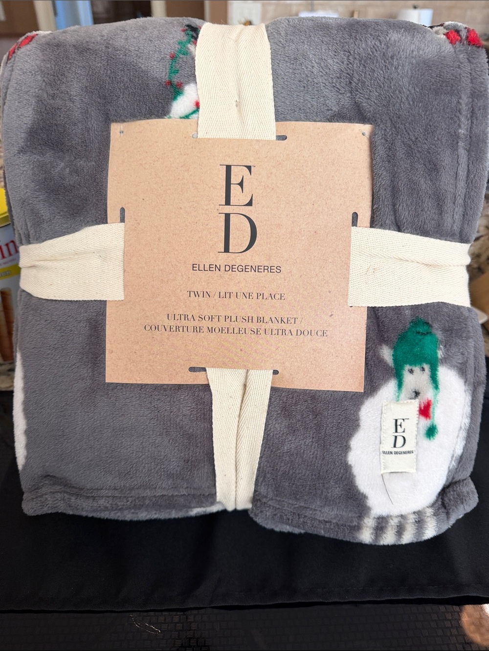 Ellen DeGeneres Gray Plush Blanket with White & Green Snowman Accent